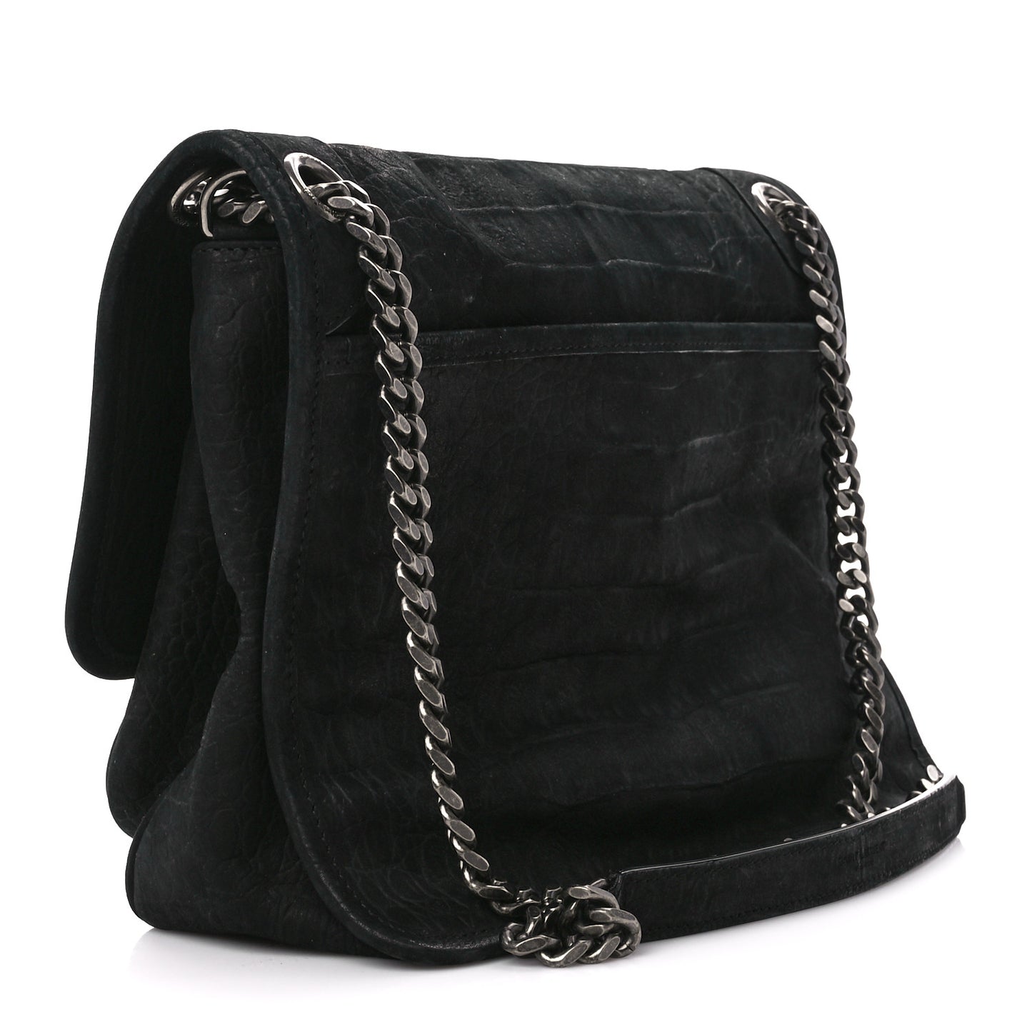 Nubuck Crocodile Embossed Monogram Medium Niki Chain Satchel Black