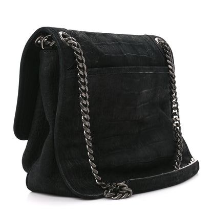 Saint Laurent Nubuck Crocodile Embossed Monogram Medium Niki Chain Satchel Black 3 of 13