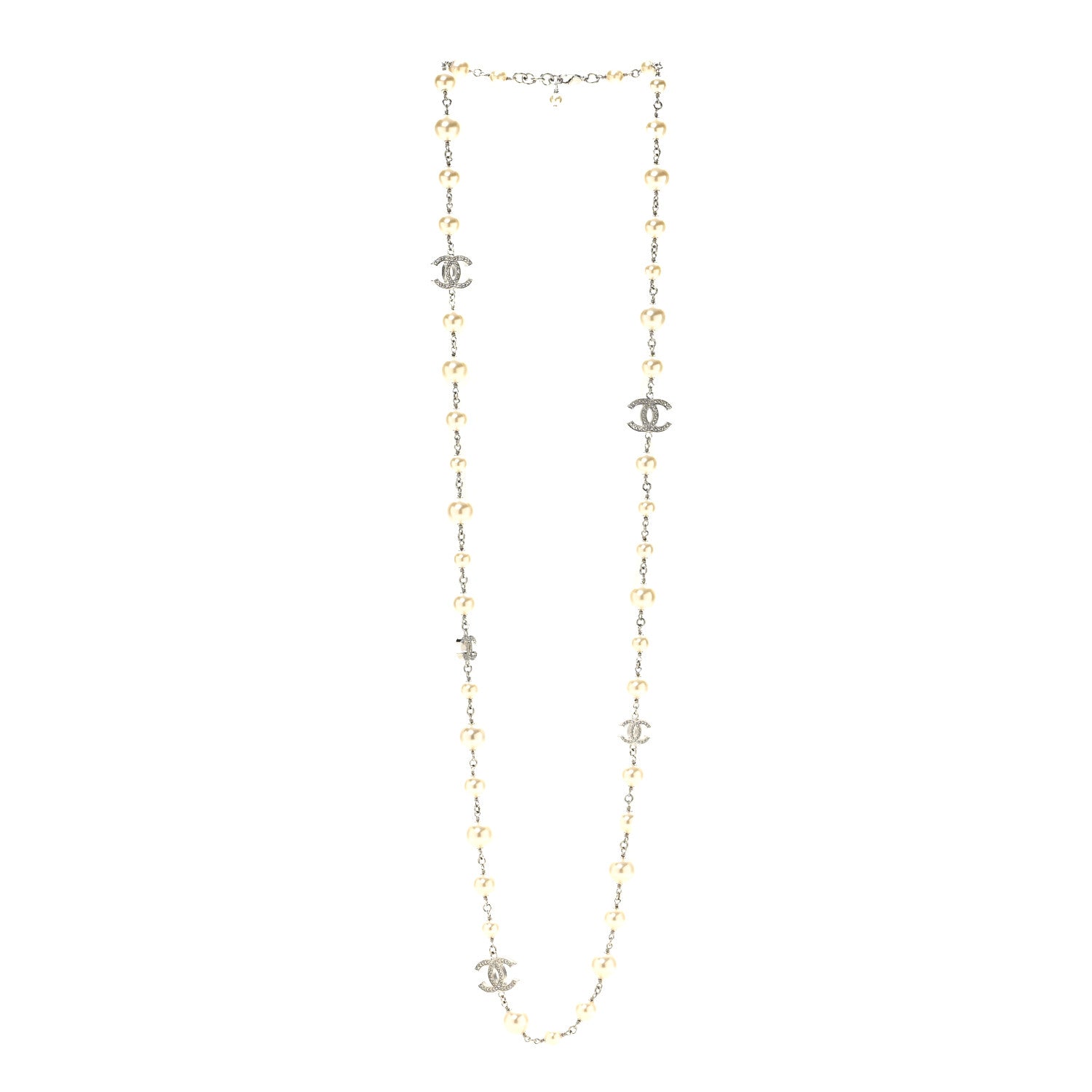 Chanel Graduated Pearl Crystal CC Long Necklace Silver 3 of 6