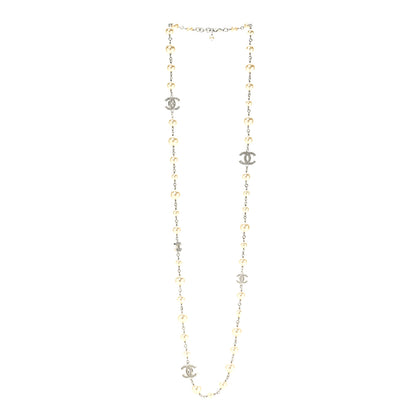 Chanel Graduated Pearl Crystal CC Long Necklace Silver 3 of 6