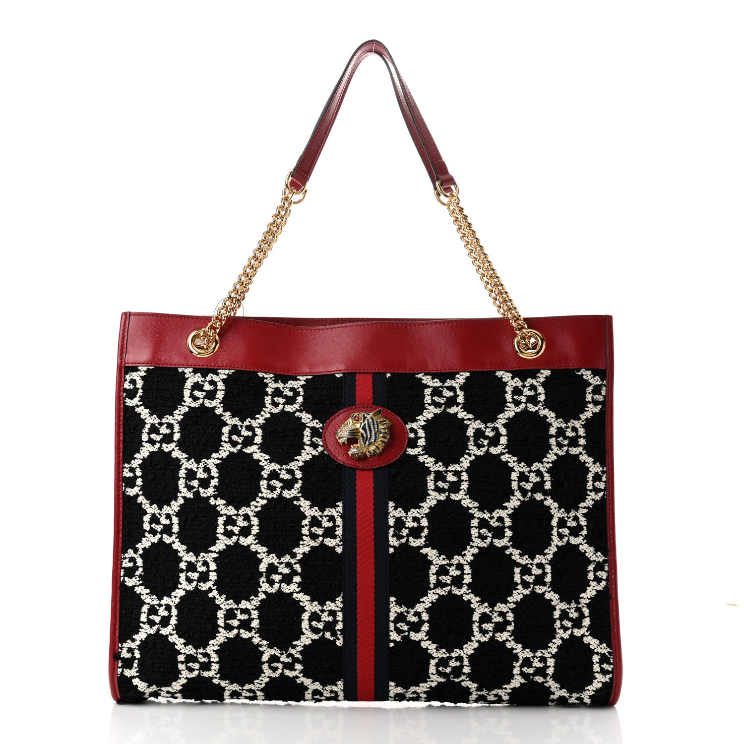 Gucci Tweed GG Monogram Large Rajah Chain Tote Romantic Cherry Black White 3 of 11
