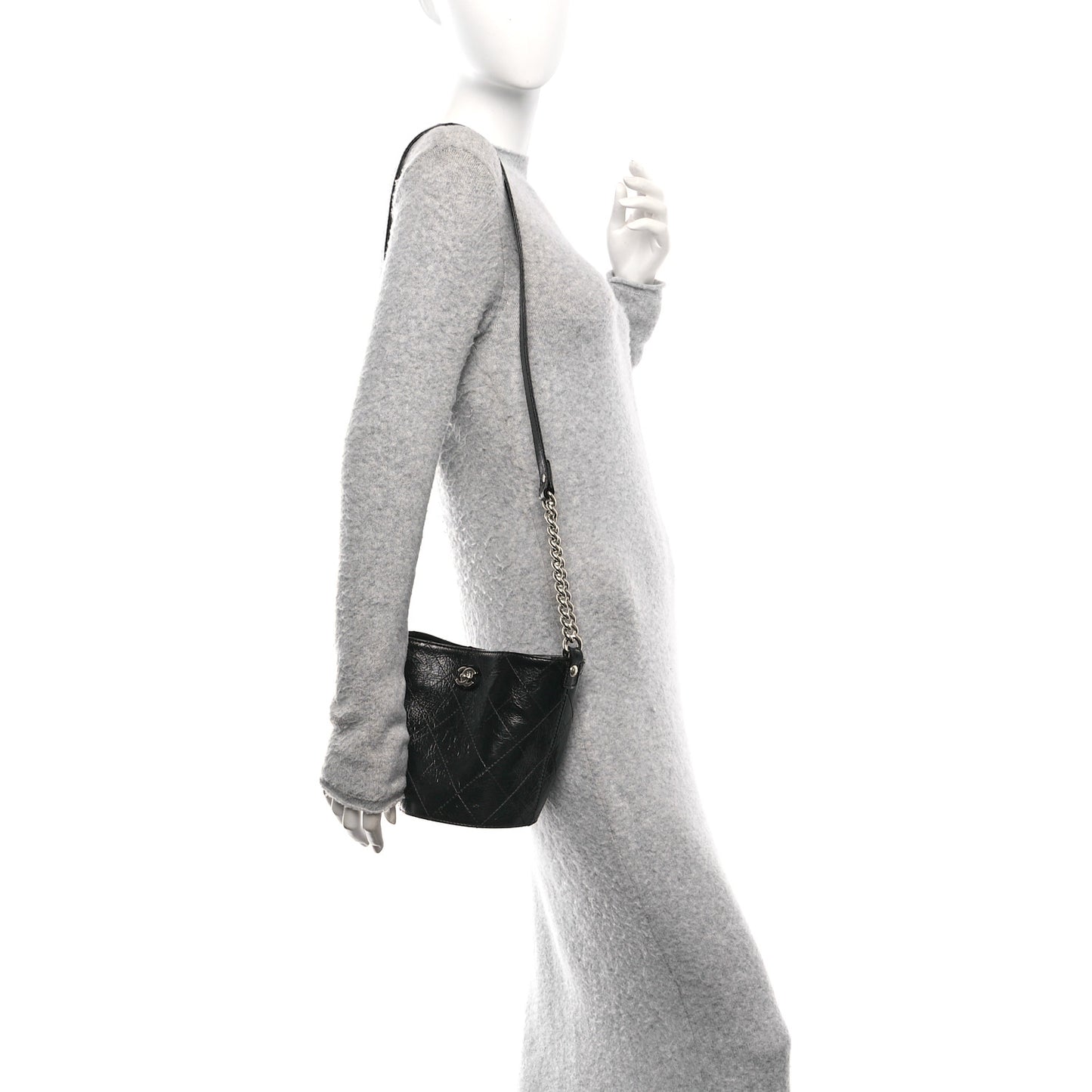 Crumpled Calfskin Quilted Chain Drawstring Bucket Bag Black