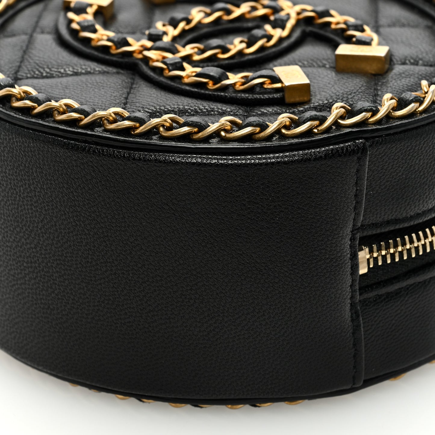Lambskin Quilted Round Filigree Chain Around Crossbody Black