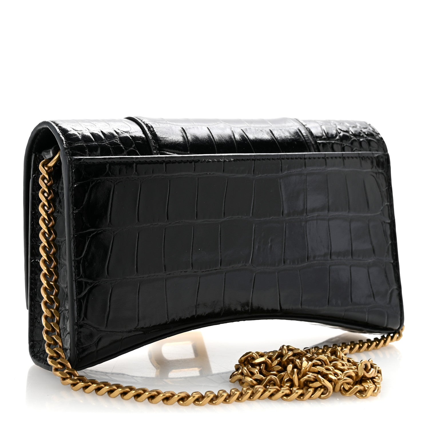 Balenciaga Shiny Calfskin Crocodile Embossed Hourglass Chain Bag Black 3 of 13