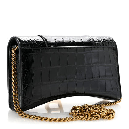 Balenciaga Shiny Calfskin Crocodile Embossed Hourglass Chain Bag Black 3 of 13