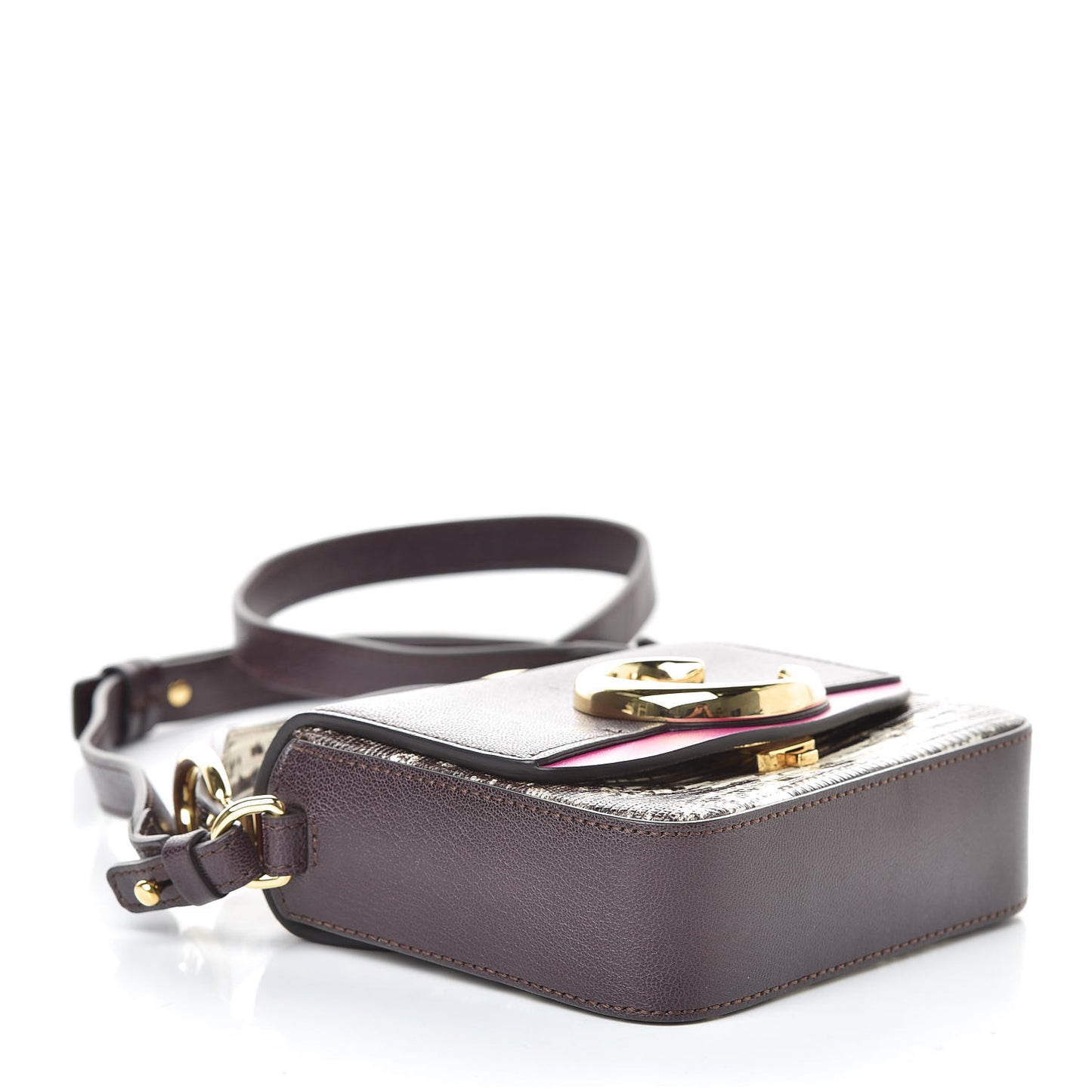 Shiny Goatskin Calfskin Lizard Embossed Mini C Double Carry Black Raisin