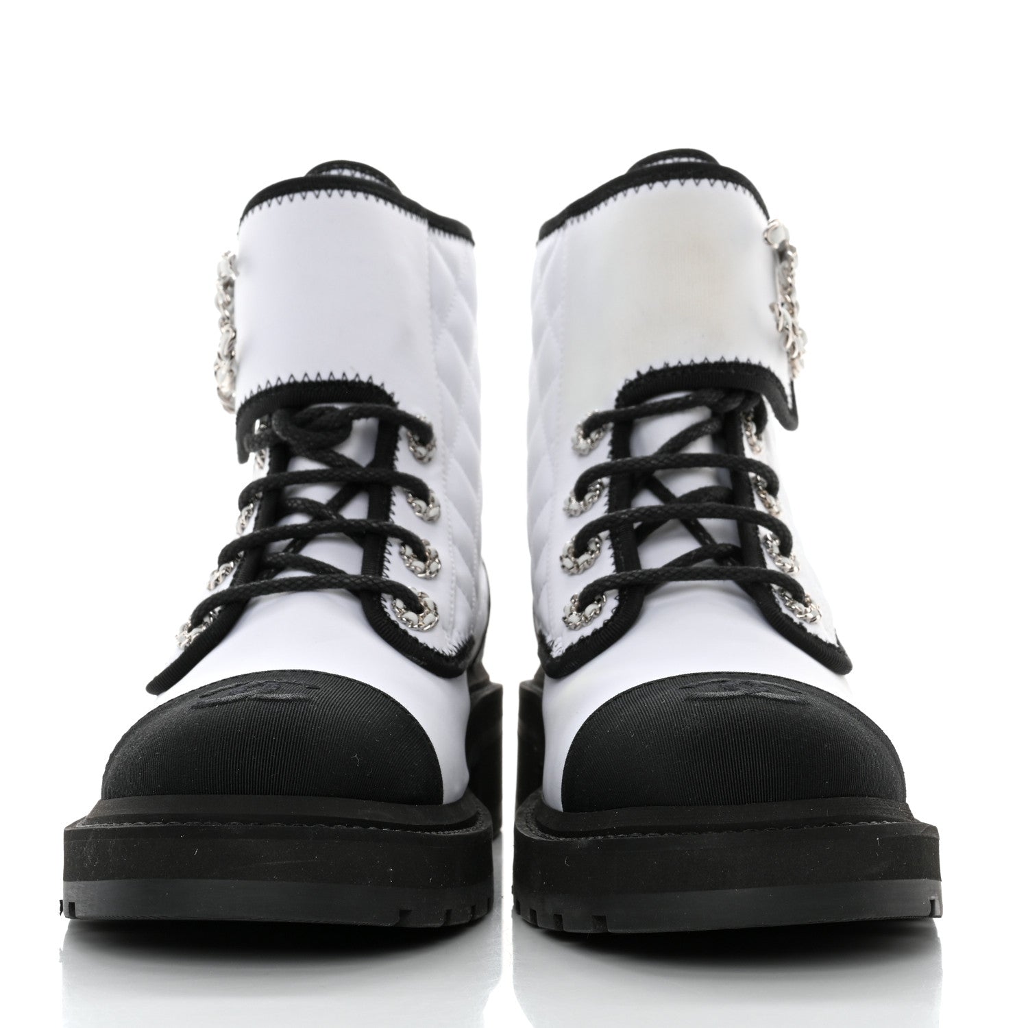 Chanel Fabric Grosgrain Quilted Cap Toe Lace Up Combat Boots 39 Black White 2 of 11