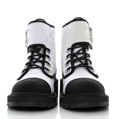 Chanel Fabric Grosgrain Quilted Cap Toe Lace Up Combat Boots 39 Black White 2 of 11