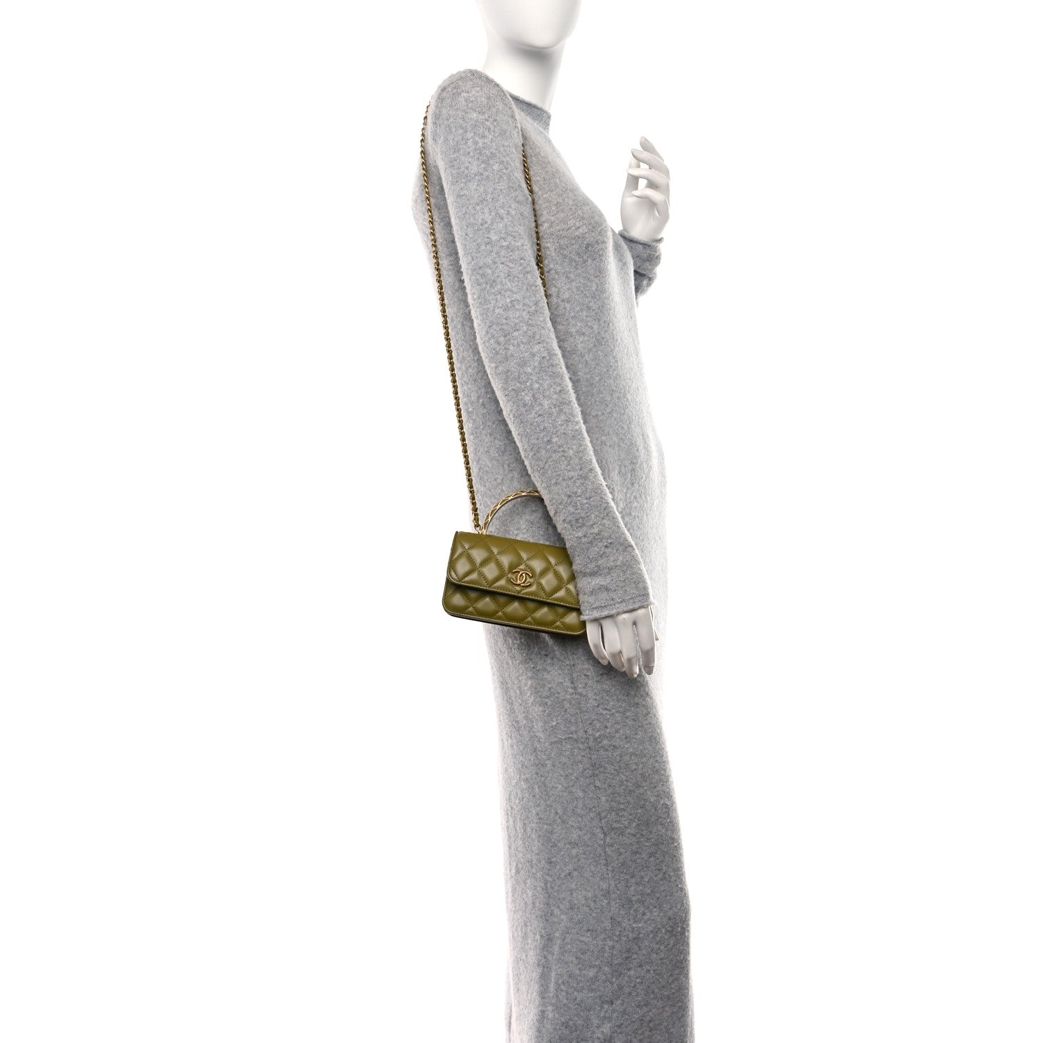 Chanel Lambskin Quilted Metal Twist Top Handle Flap Phone Holder With Chain Green 2 of 14