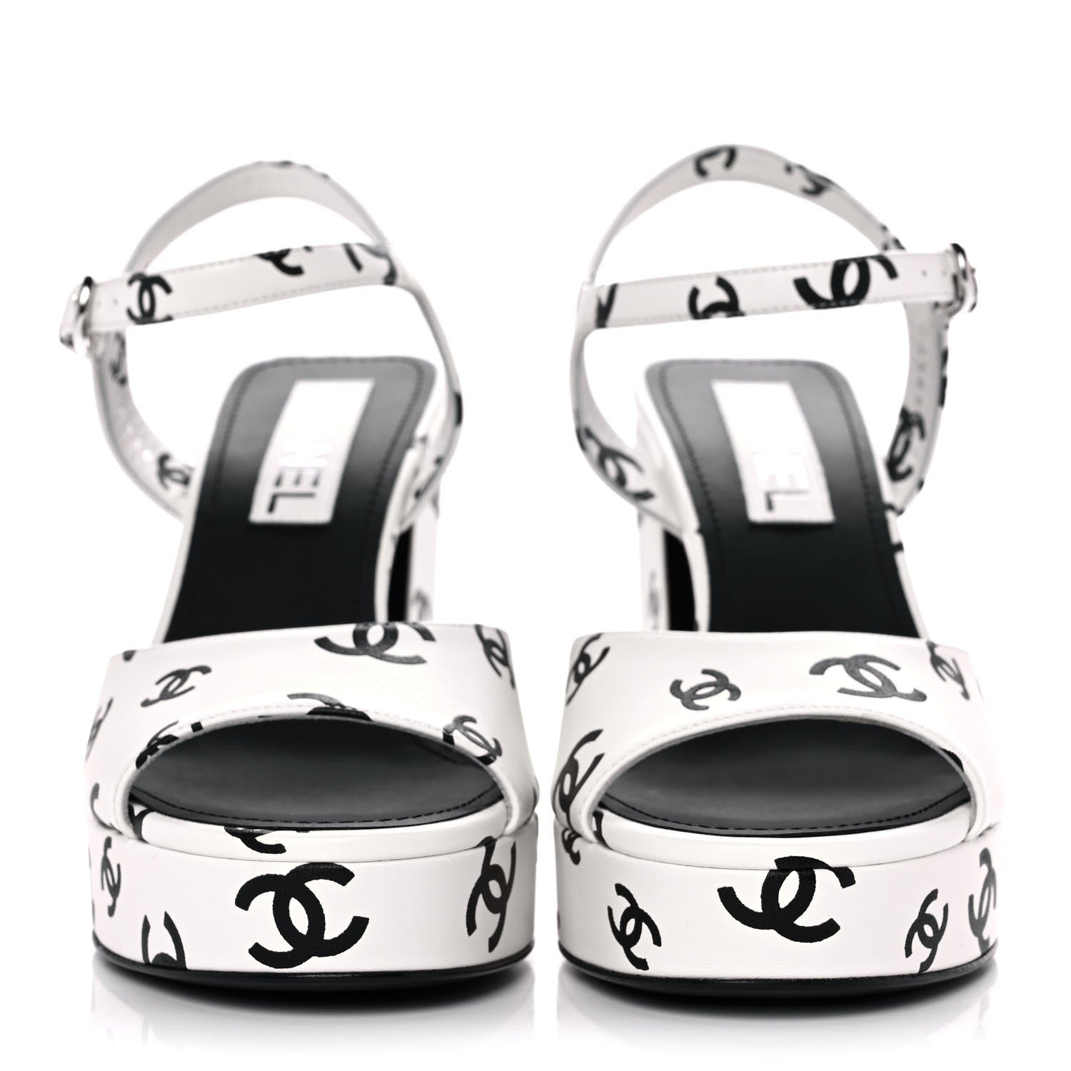 Chanel Printed Lambskin Coco Beach Platform Sandals 38.5 White Black 2 of 10