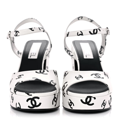 Chanel Printed Lambskin Coco Beach Platform Sandals 38.5 White Black 2 of 10