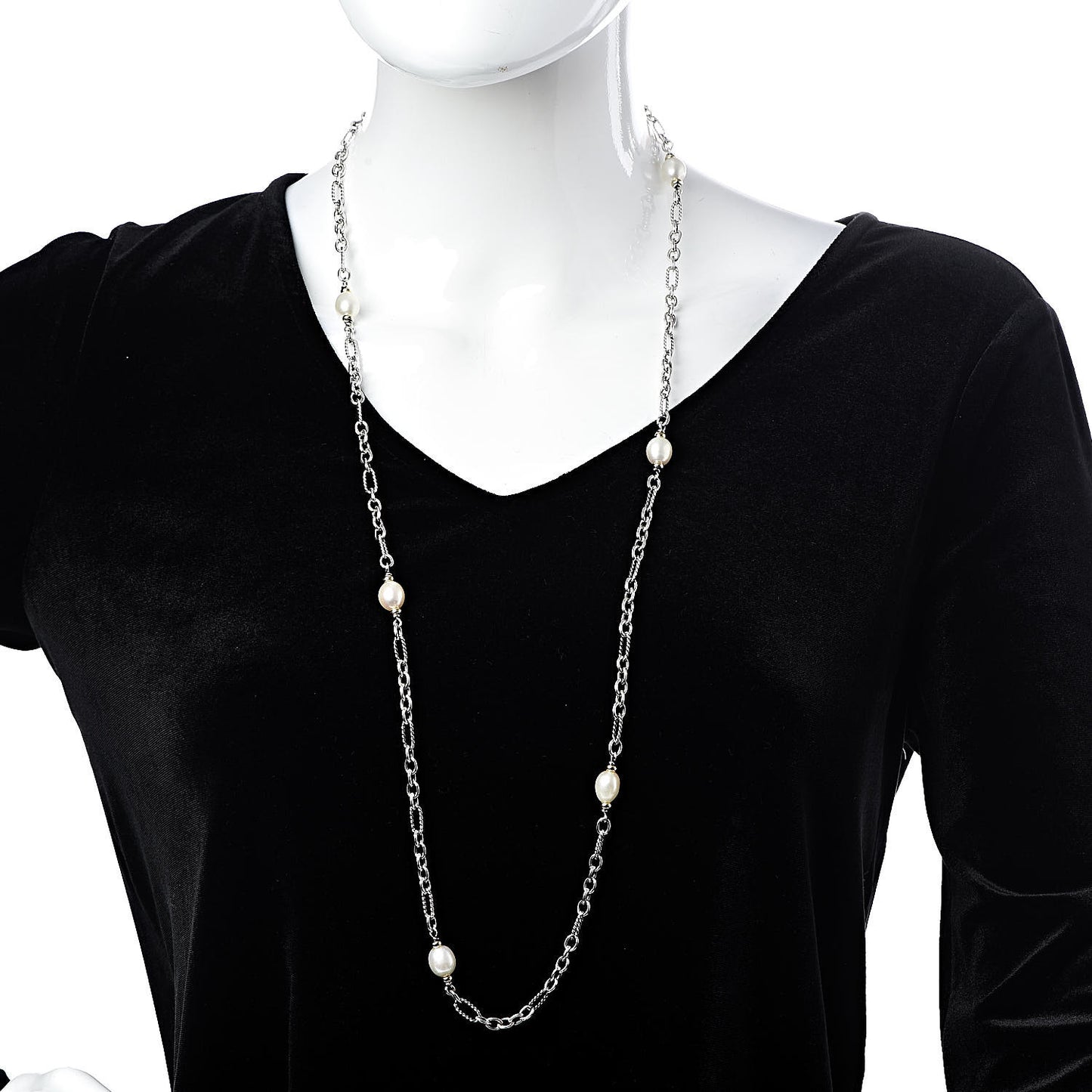 Sterling Silver 18K Yellow Gold Baroque Pearl Long Figaro Chain Necklace