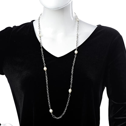 David Yurman Sterling Silver 18K Yellow Gold Baroque Pearl Long Figaro Chain Necklace 2 of 5