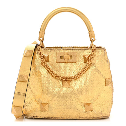 Valentino Garavani Tweed Metallic Small Roman Stud The Handle Bag Gold 1 of 12