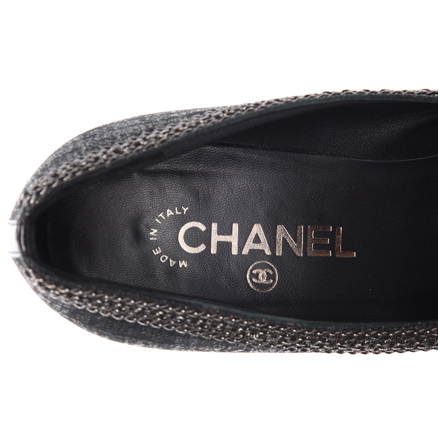 Chanel Metallic Tweed Patent Cap Toe CC Chain Pumps 39.5 Black 8 of 14