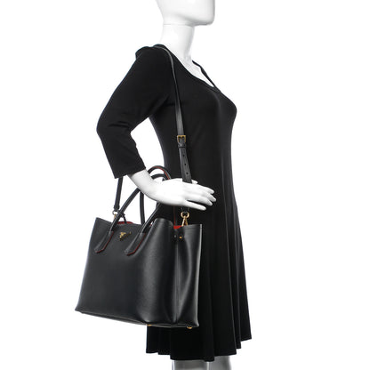 Prada Saffiano Cuir Large Double Bag Black Fuoco 2 of 16