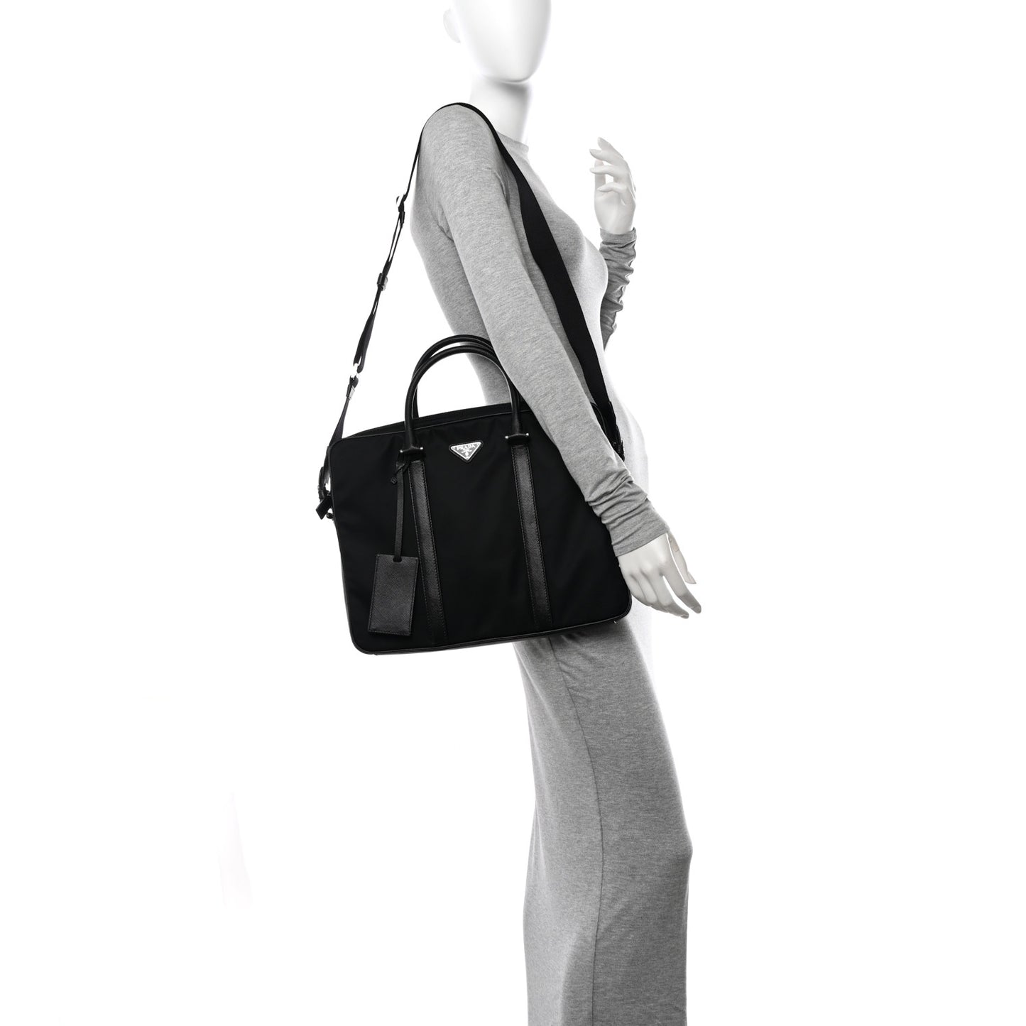 Tessuto Nylon Saffiano Metal Triangle Logo Work Bag Black