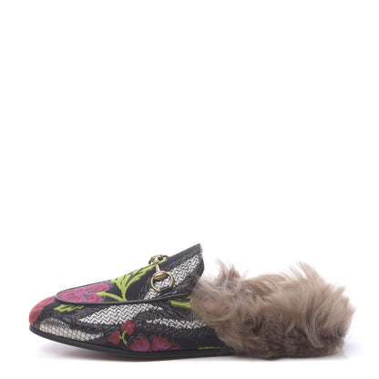 Gucci Brocade Fur Floral Womens Princetown Slippers 36 Black Anthracite 1 of 8