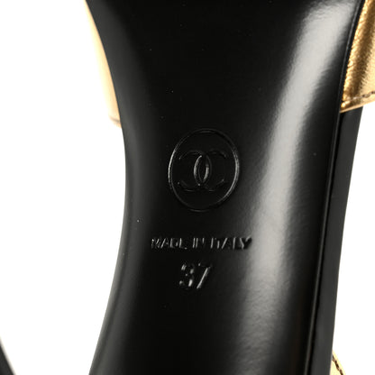 Chanel Lambskin Patent Cap Toe CC Apple Slingback Pumps 37 Gold Black 9 of 10