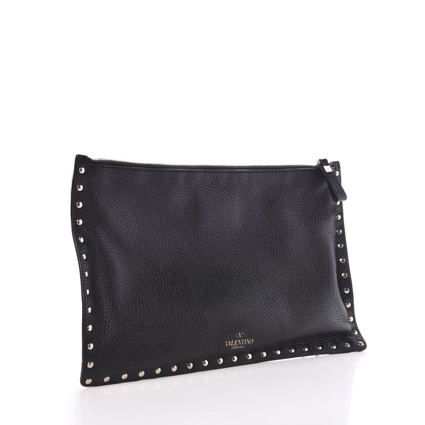 Pebbled Calfskin Large Rockstud Zip Pouch Black