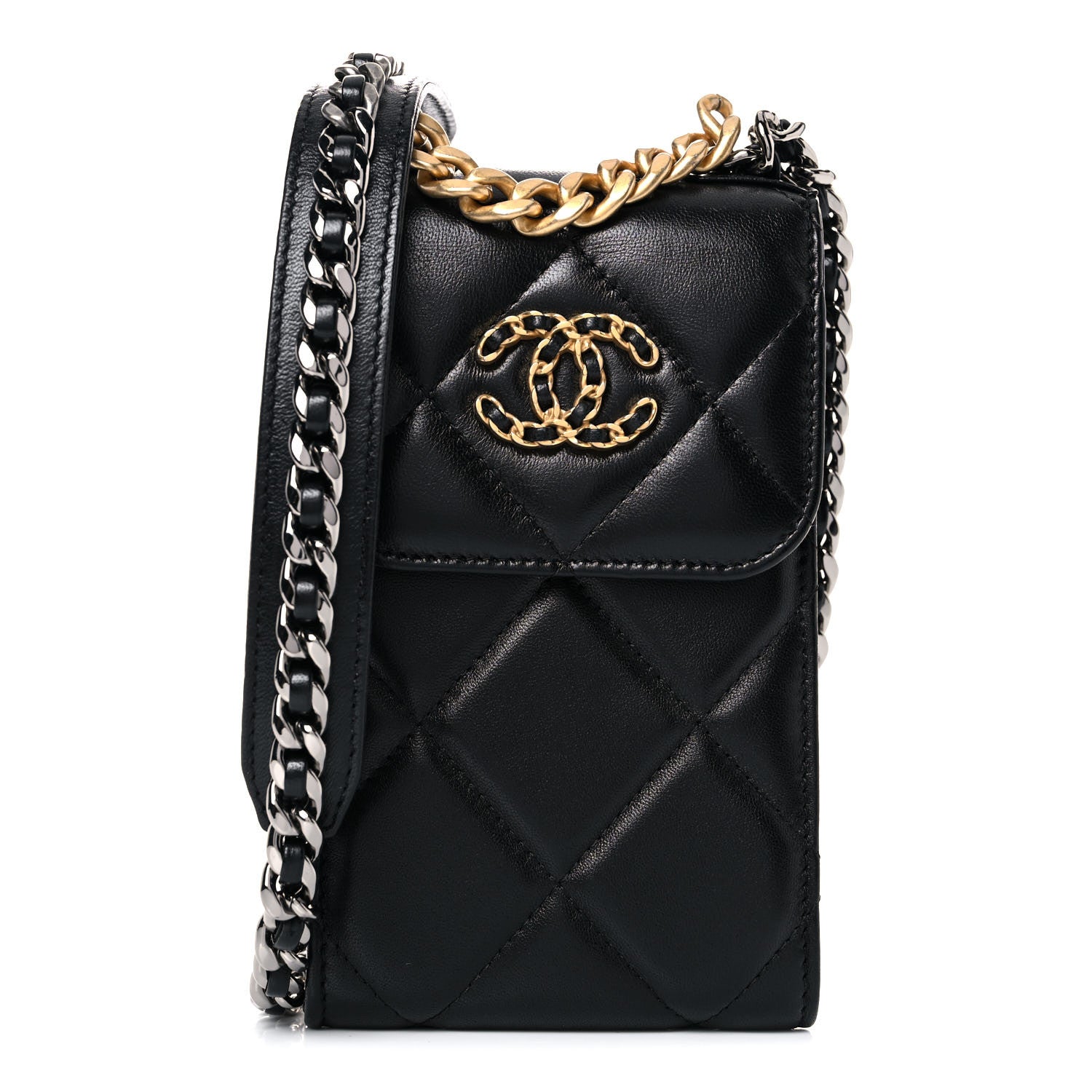 Chanel Lambskin Quilted Chanel 19 Phone Holder With Chain Black 1 of 11