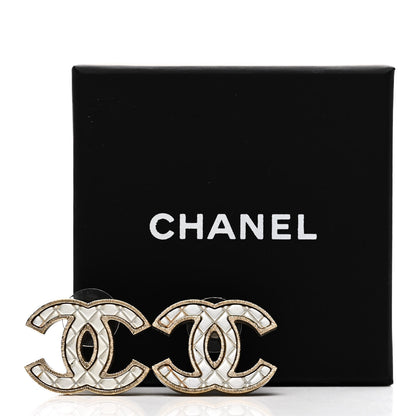 Chanel Metal Quilted CC Earrings Gold White 5 of 5