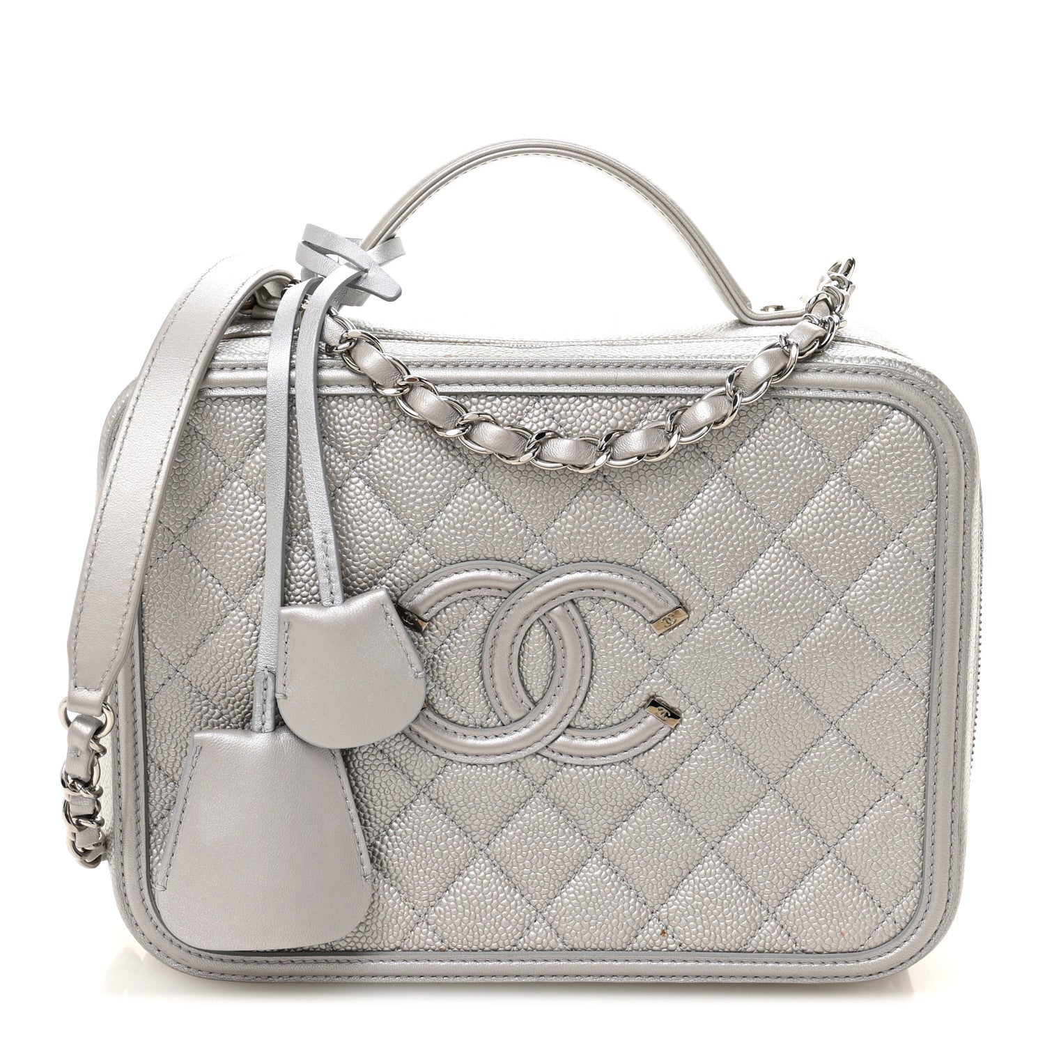 Chanel Metallic Caviar Quilted Large CC Filigree Vanity Case Silver 1 of 11