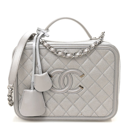 Chanel Metallic Caviar Quilted Large CC Filigree Vanity Case Silver 1 of 11