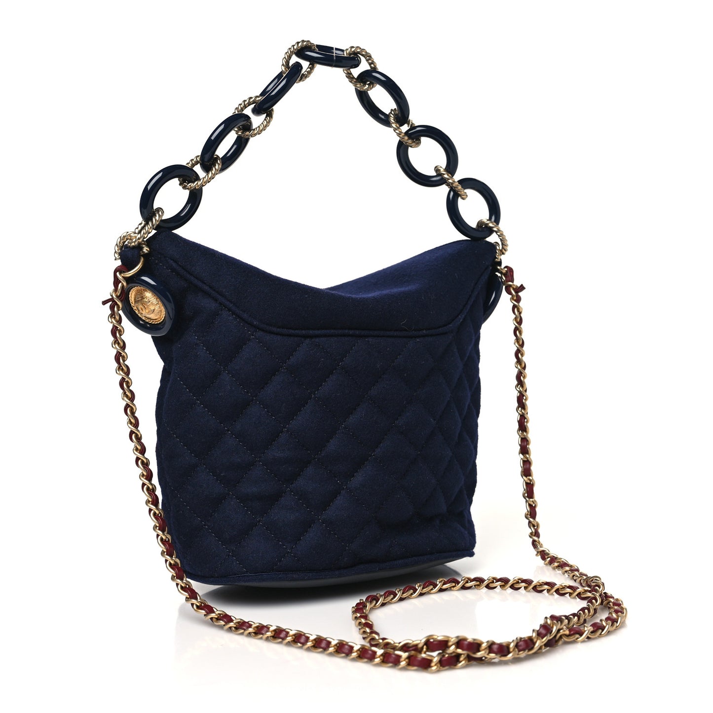 Wool Lambskin Quilted Paris Hamburg Charms Bucket Bag Dark Navy