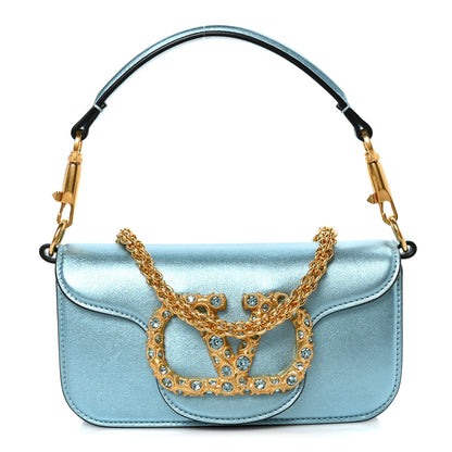 Valentino Garavani Laminated Calfskin Crystal Vlogo Small Shoulder Bag Blue 1 of 8