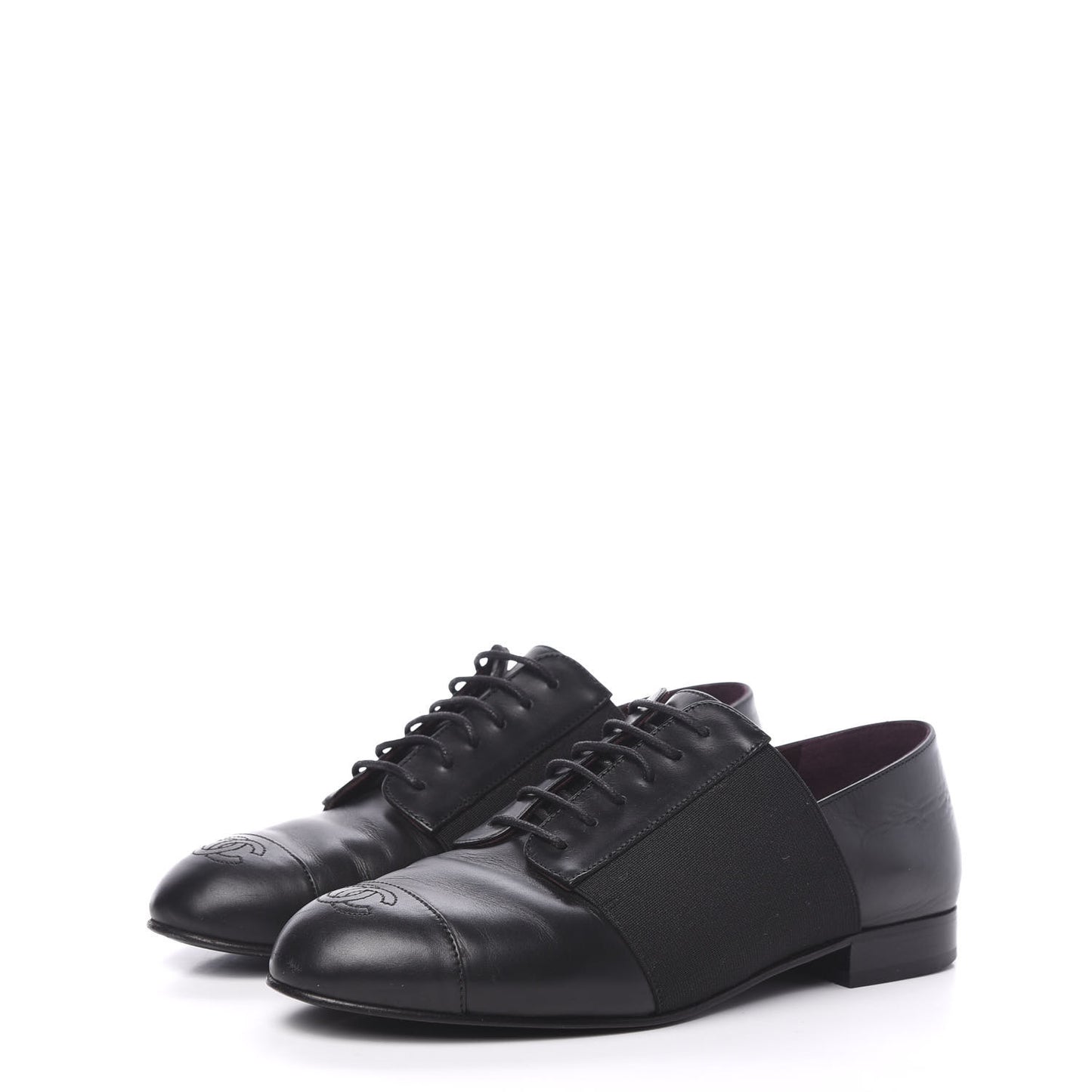 Calfskin Elastic Lace Up Cap Toe CC Loafers 35.5 Black