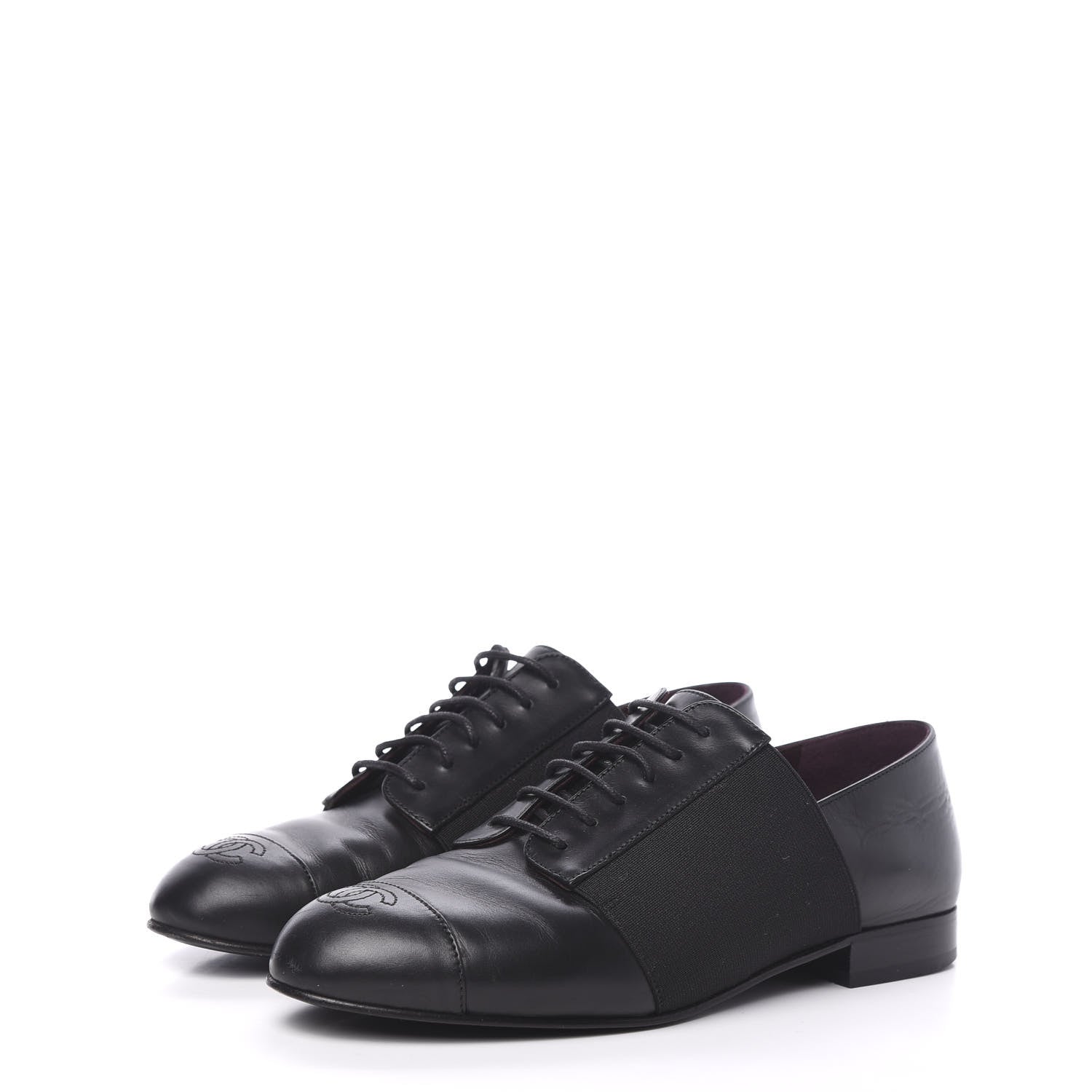 Chanel Calfskin Elastic Lace Up Cap Toe CC Loafers 35.5 Black 3 of 8