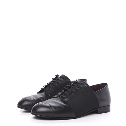Chanel Calfskin Elastic Lace Up Cap Toe CC Loafers 35.5 Black 3 of 8