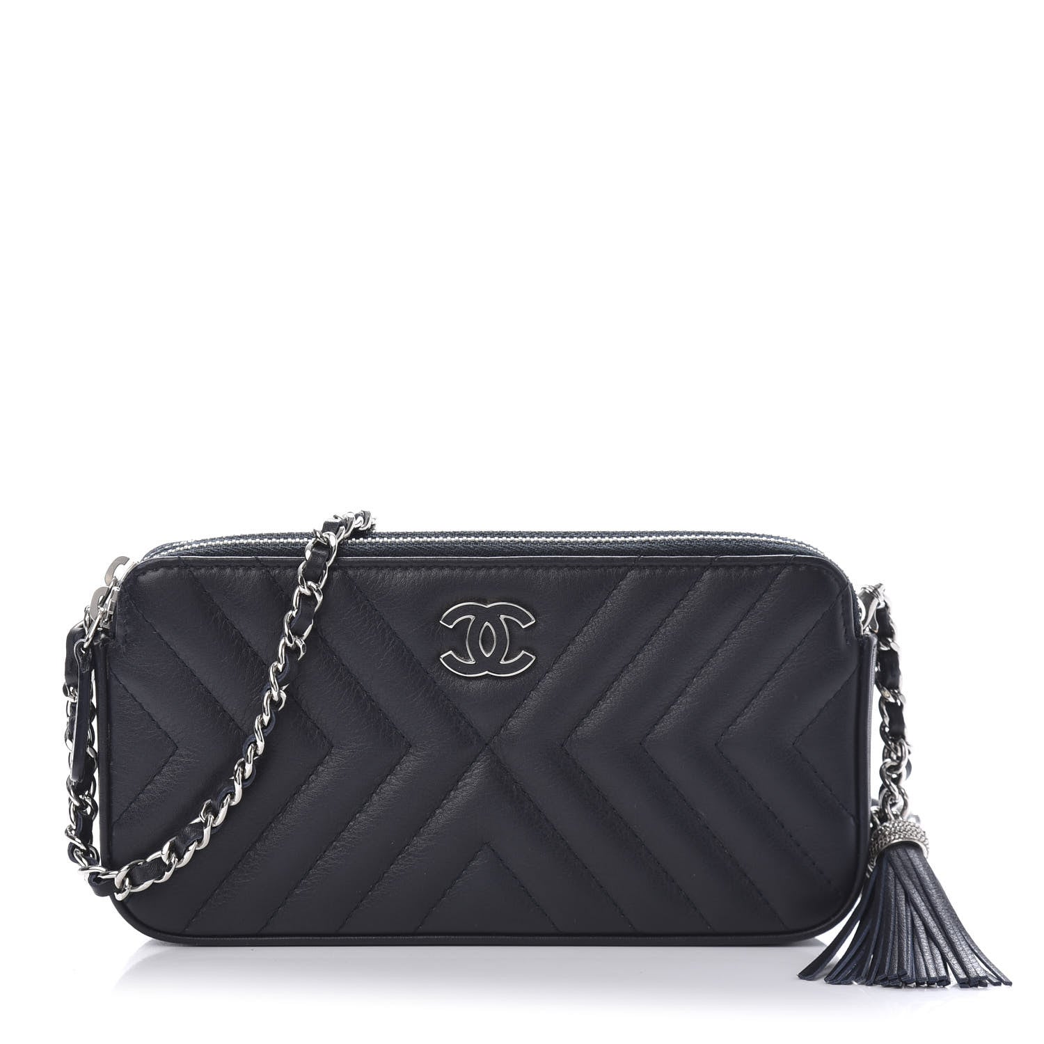 Chanel Calfskin Chevron Quilted Tassel Clutch With Chain Navy 2 of 19
