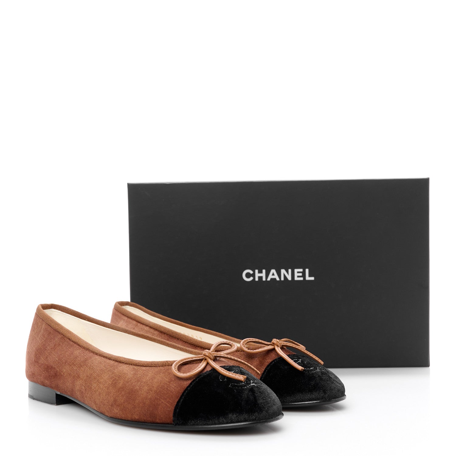 Chanel Velvet Cap Toe CC Ballerina Flats 37.5 Brown Black 10 of 10