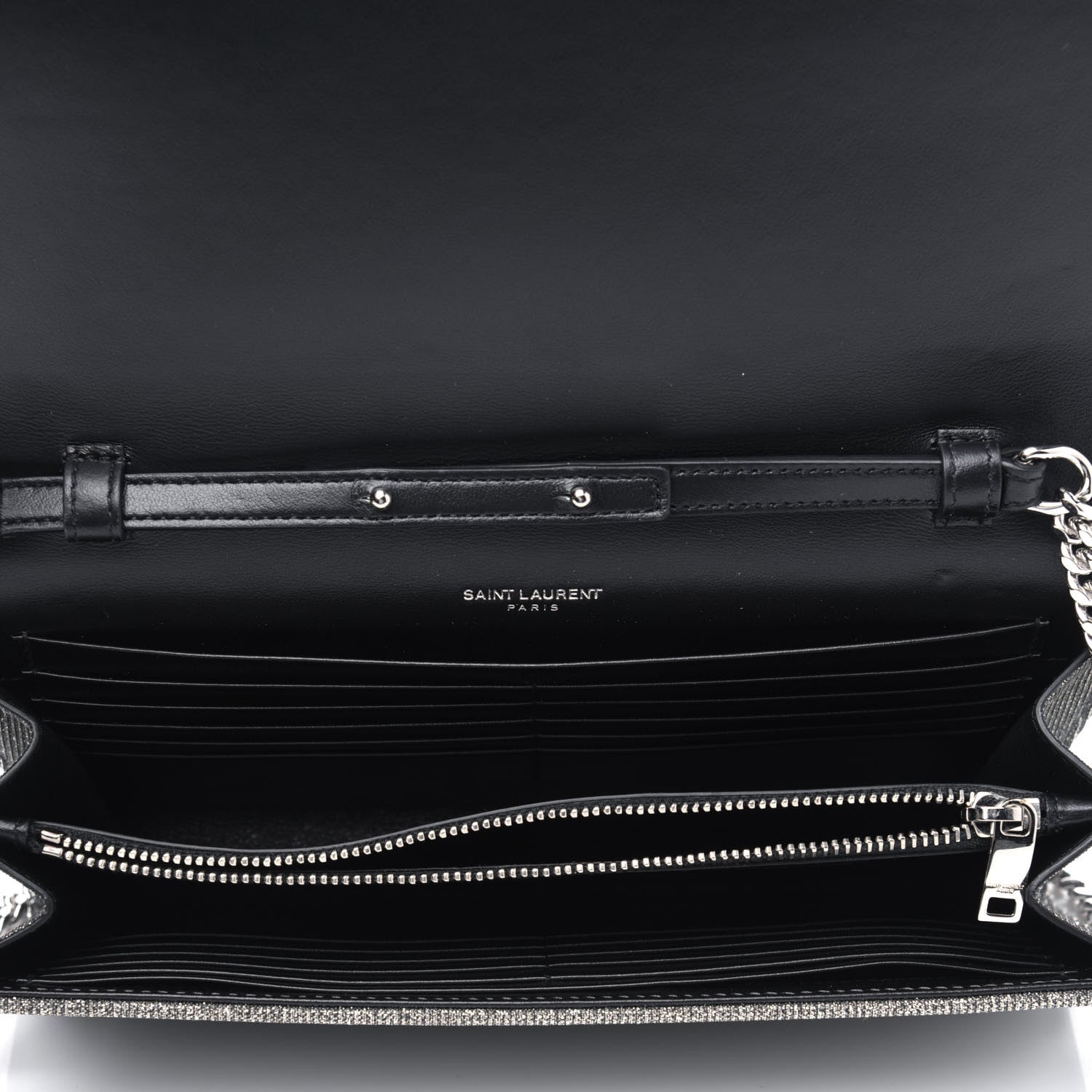 Saint Laurent Metallic Sparkle Fabric Monogram Chain Wallet Charcoal 3 of 4