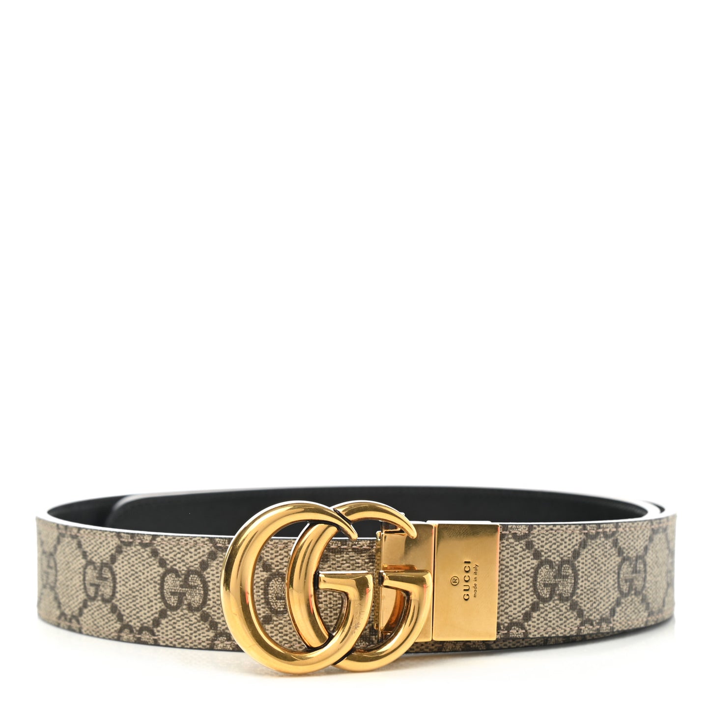GG Supreme Monogram Plutone Calfskin Double G Reversible 30mm Belt 80 32 Beige Ebony Black