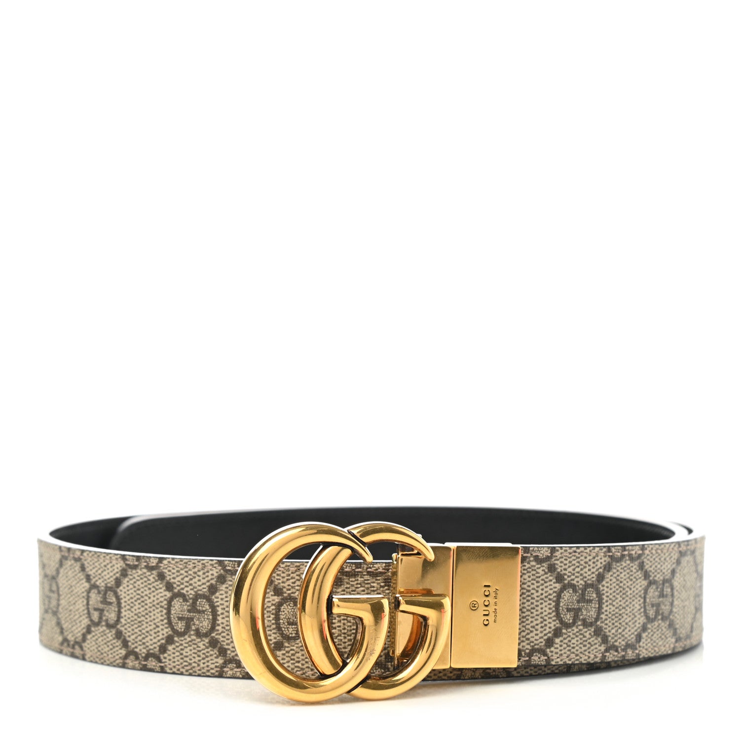 Gucci GG Supreme Monogram Plutone Calfskin Double G Reversible 30mm Belt 80 32 Beige Ebony Black 1 of 5