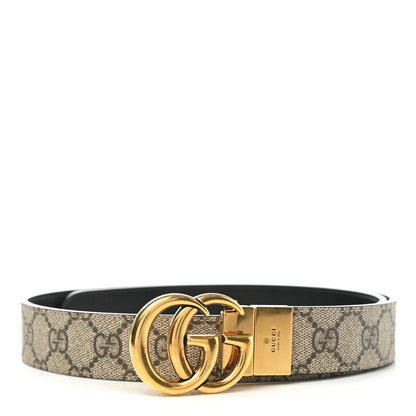 Gucci GG Supreme Monogram Plutone Calfskin Double G Reversible 30mm Belt 80 32 Beige Ebony Black 1 of 5