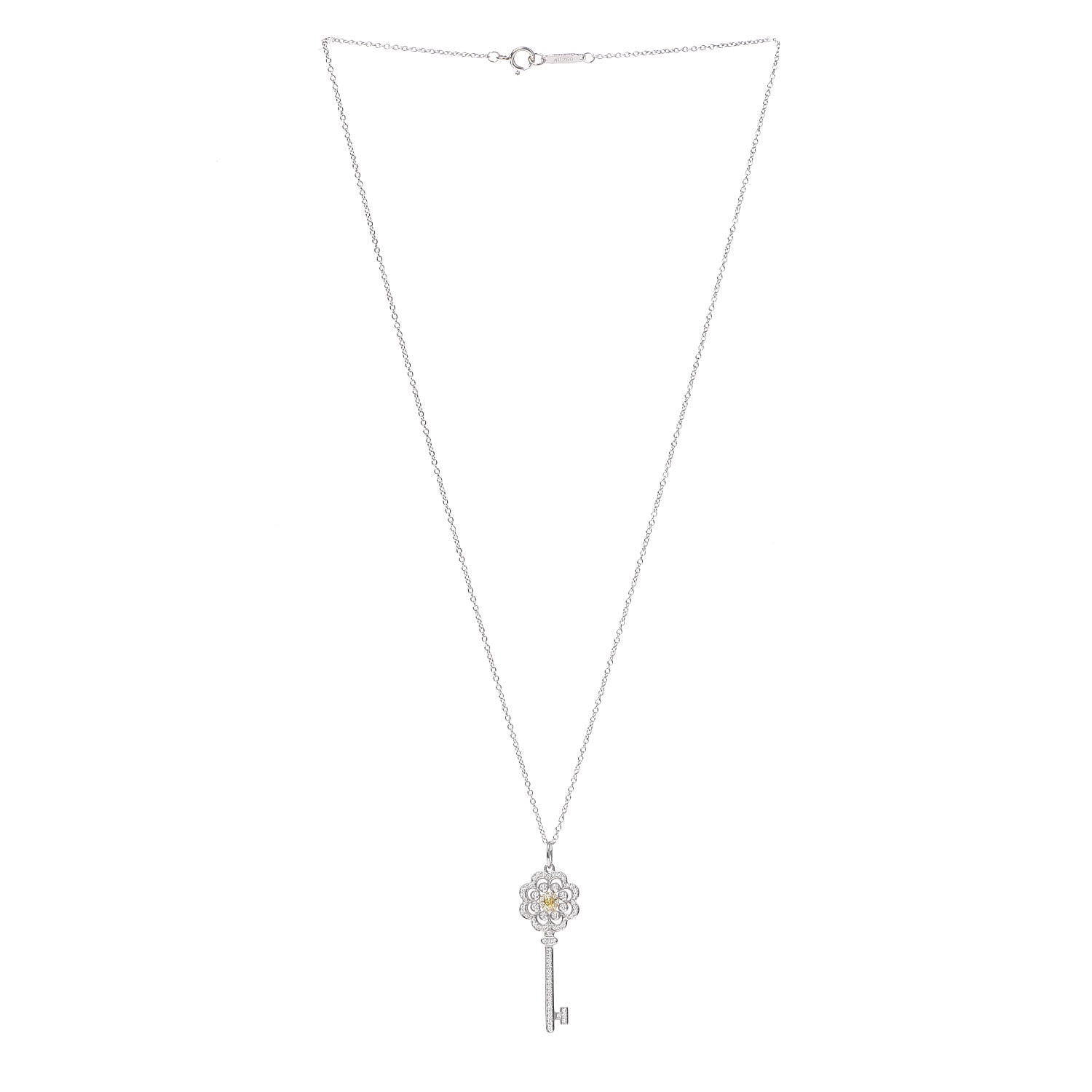 Tiffany Platinum 18K White Yellow Gold Diamond Fancy Yellow Diamond Rose Key Pendant Necklace 3 of 7