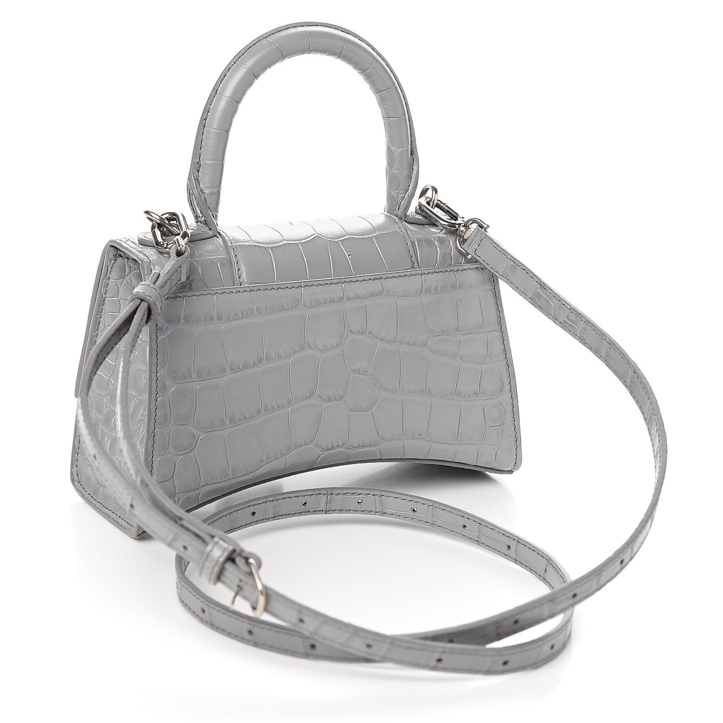 Shiny Calfskin Crocodile Embossed Hourglass Top Handle Bag XS Balenciaga Grey