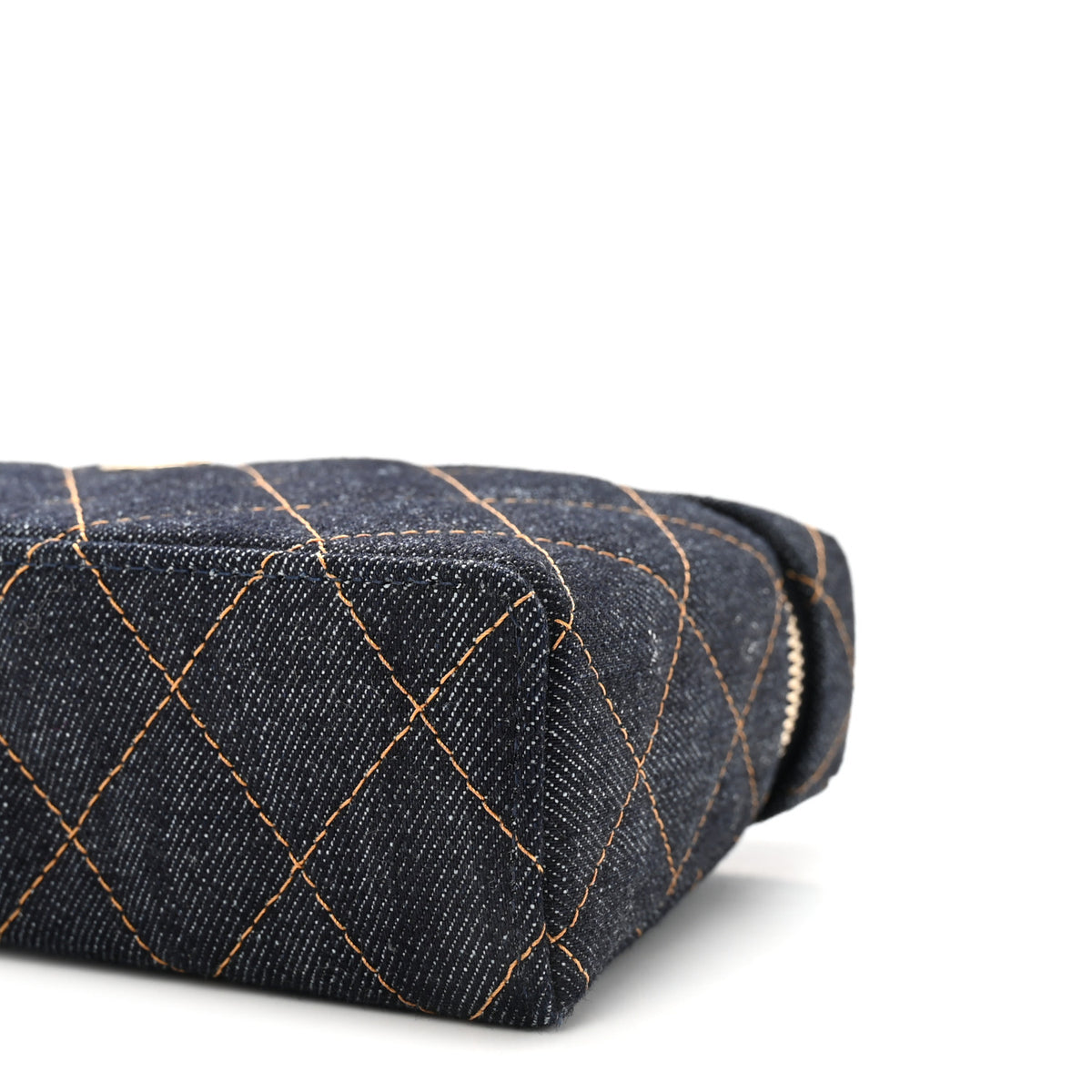 Denim Quilted Top Handle Slim Vanity Case With Chain Dark Blue Orange