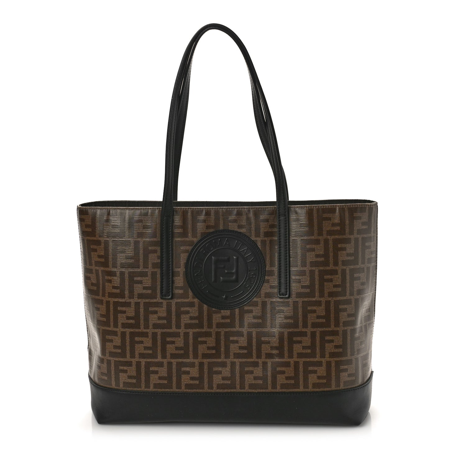 Glazed Fabric Vitello Century FF 1974 Stamp Patch Shopping Tote Mogano Panna Black