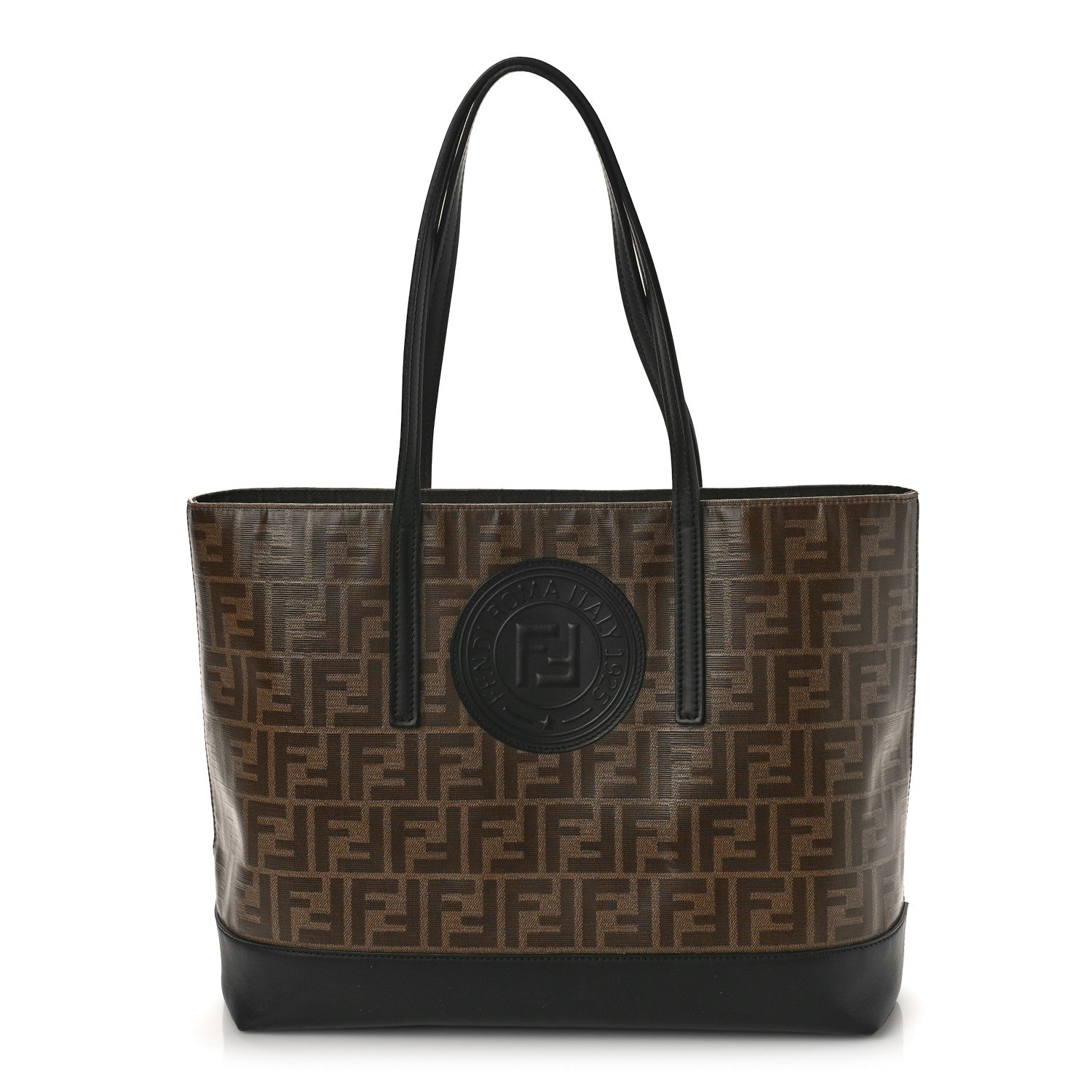 Fendi Glazed Fabric Vitello Century FF 1974 Stamp Patch Shopping Tote Mogano Panna Black 1 of 11