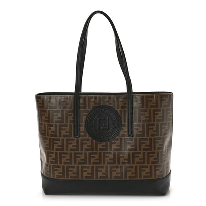 Fendi Glazed Fabric Vitello Century FF 1974 Stamp Patch Shopping Tote Mogano Panna Black 1 of 11