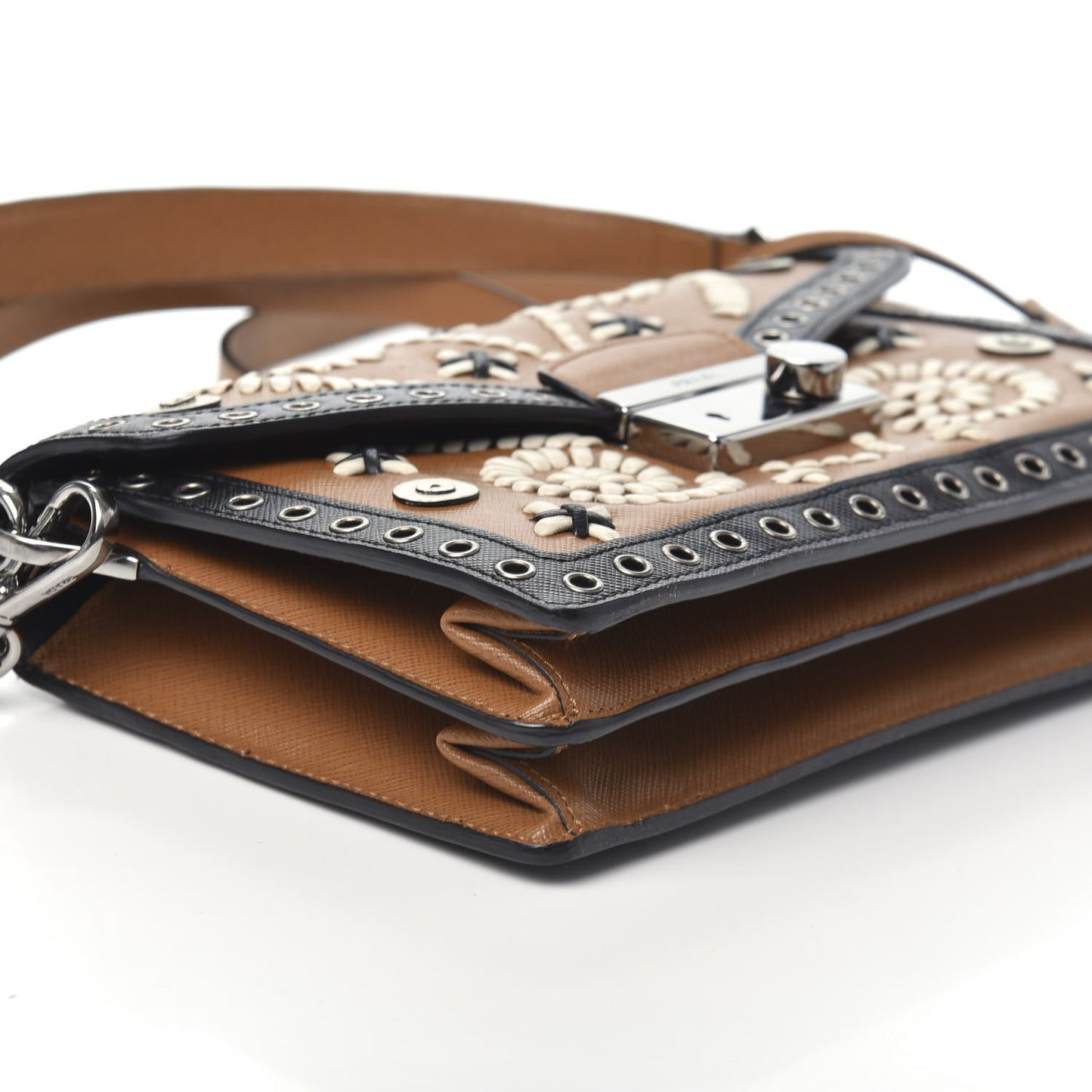 Saffiano Embroidered Pattina Sound Shoulder Bag Caramel