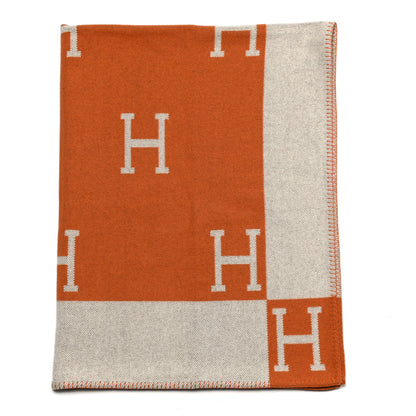 Hermes Wool Cashmere Signature Classic Avalon Blanket Ecru Potiron 1 of 3