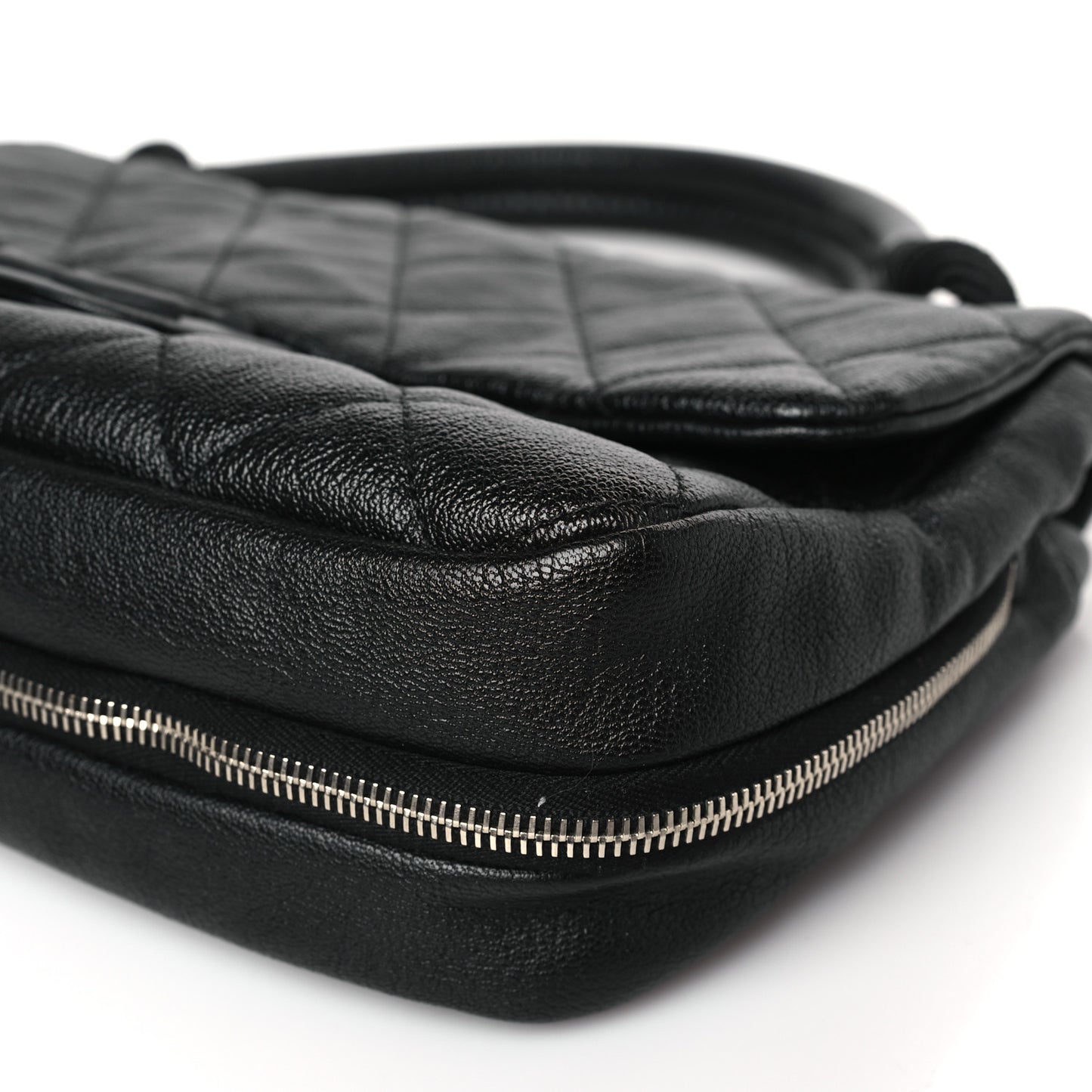Calfskin Quilted Expandable Zip Flap Shoulder Bag Black
