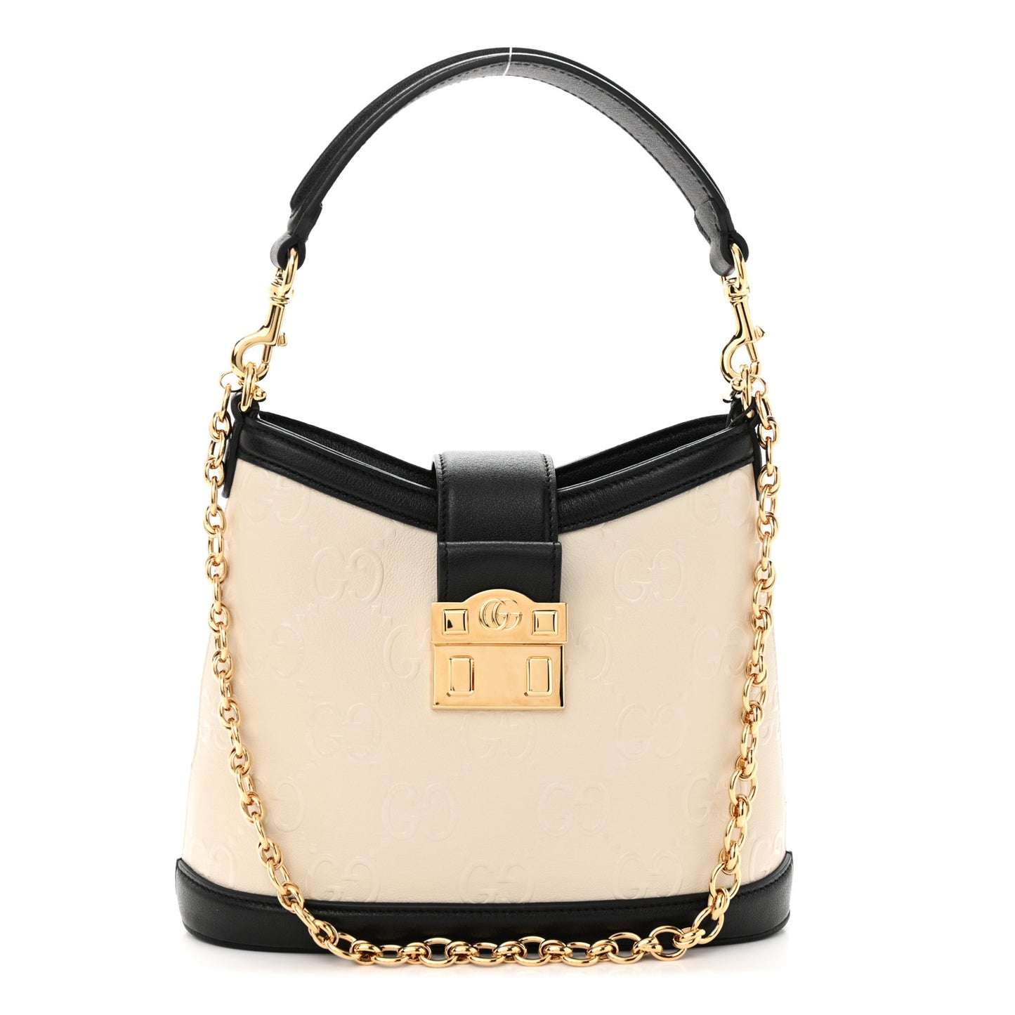 Wonka Grain Calfskin GG Monogram Debossed Small Padlock Shoulder Bag Mystic White Black