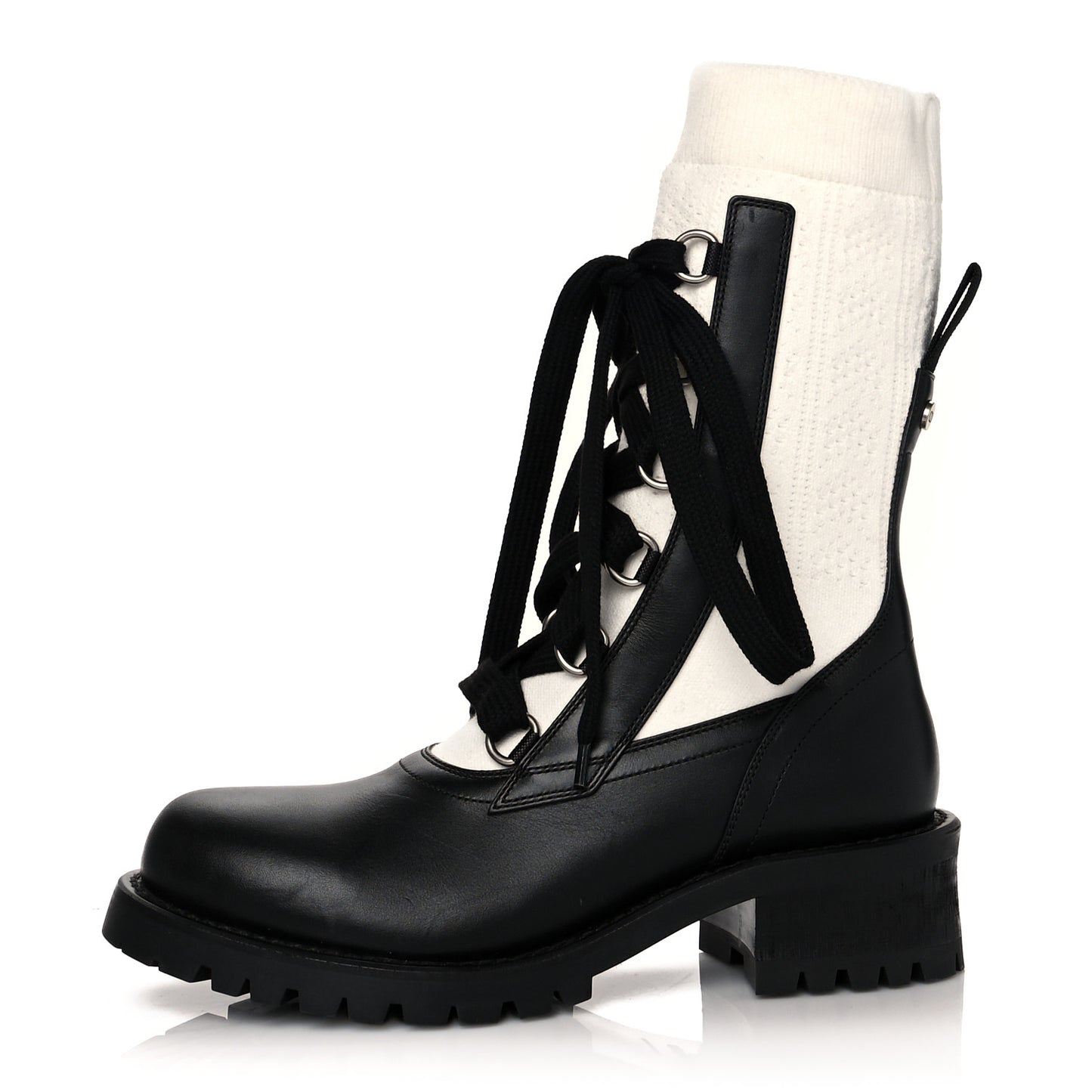 Calfskin Knit Fabric Diorland Combat Boots 38.5 Black White